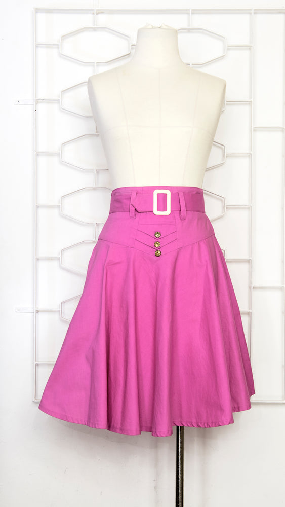 80s Bright Pink Belted Flare Skirt
