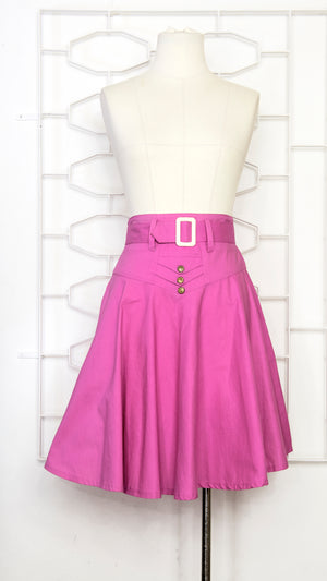 80s Bright Pink Belted Flare Skirt