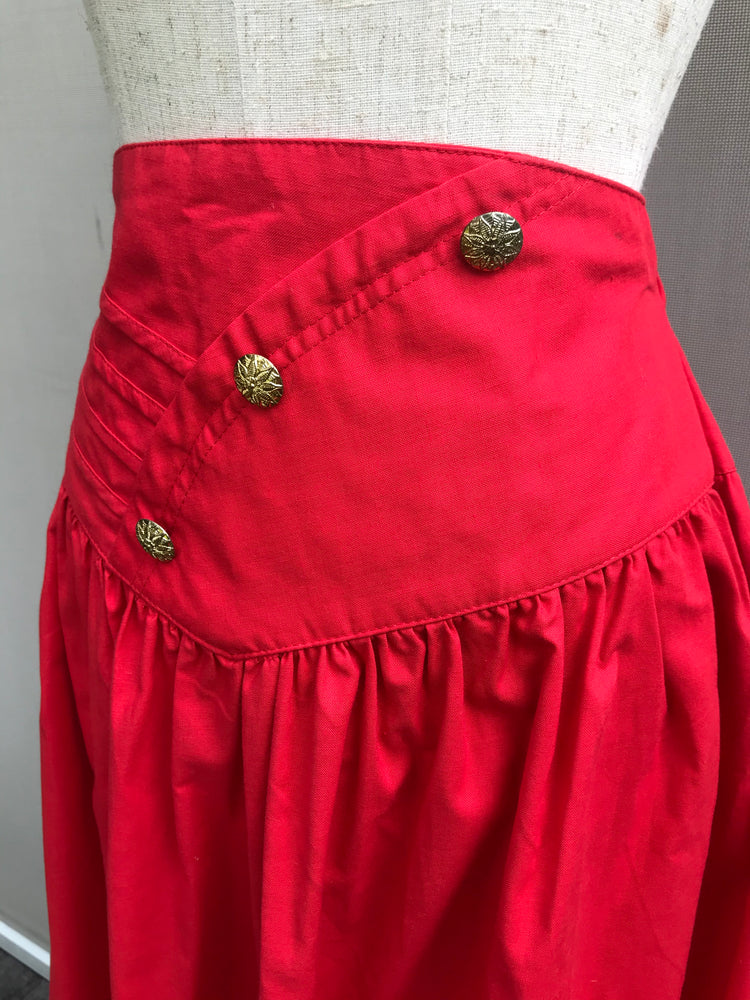 80s Red Gold Buttons Flare Skirt